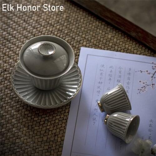 170ml Plant Ash GaiWan Arabesquitic Ceramic Bowl With Lid Milk Oolong Tea Cup Gold Saucer Kung Fu Tea Set Office Decoration Gift