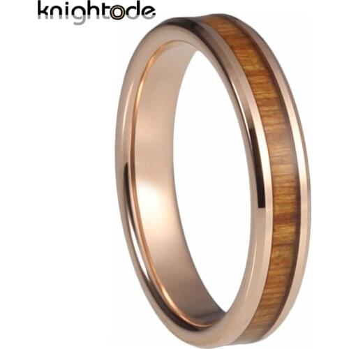 4mm Rose Gold Tungsten Carbide Ring Vintage Koa Wood Inlay For Women Men Wedding Band Jewelry Beveled Edges Polished Comfort Fit