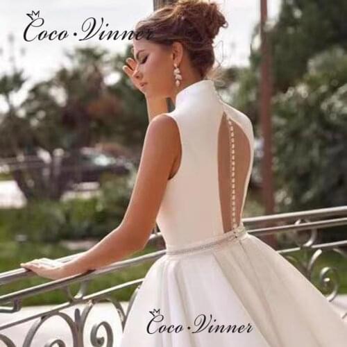 Illusion Back V neck Satin Wedding Dress Europe Style Sleeveless Sweet Train Summer Beach Wedding Dresses Custom Made W0930