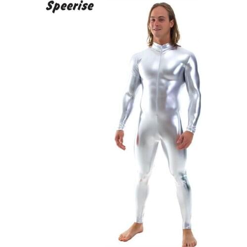 Shiny Metallic Zentai Bodysuit Men Long Sleeve Front Zip Unitard Costumes Ballroom Performer Clothes Nightclub Onstage Dancewear
