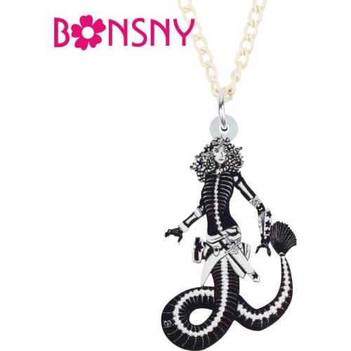 Bonsny Hallween Acrylic Black Snake Girl Necklace Long Pendant Chain Trendy Unique Charms Jewelry For Women Girls Gifts Party
