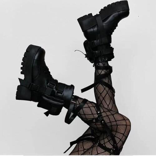 Punk Woman Side Bag Embellished Ankle Boots Ladies Cool Buckle Thick Strap Platform Sole Pocket Boots Martin Boots
