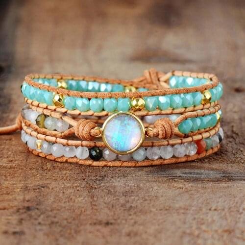 Top Quality Women Bracelets Natural Opal Stone Rhinestone 3 Rows Leather Wrap Bracelet Fancy Femme Boho Bracelets Dropship