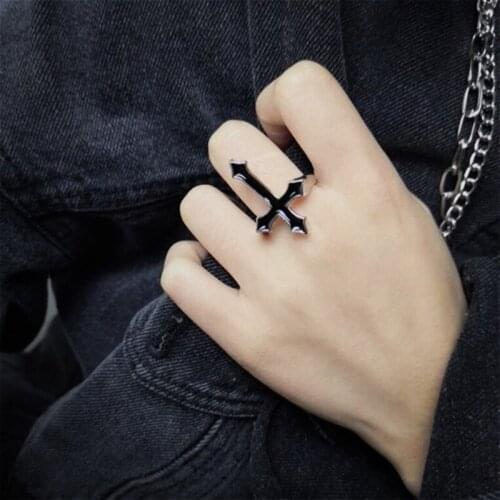 2 Pcs Vintage Black Big Cross Open Ring Trendy Gothic Metal Color Finger Ring Men Women Party Jewelry Gifts
