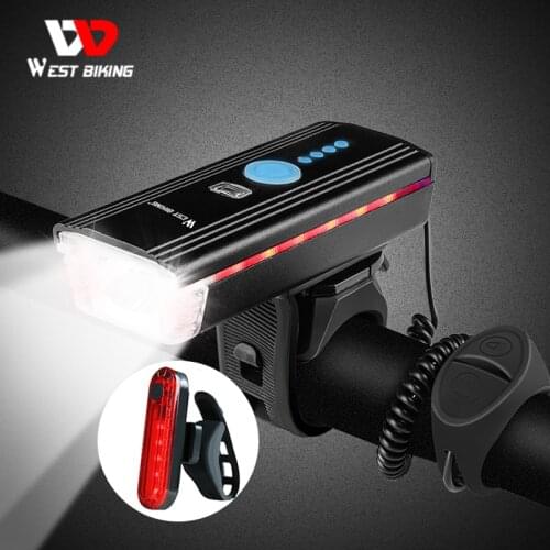 WEST BIKING Bike Light Induction Front Light Cycling Bicycle USB Charging Warning Flashlight Handlebar Torch With Bell Head Lamp