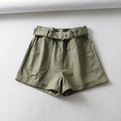 Summer Womens High Waist Fashion Metal Buckle Belt Wide Leg Tooling Casual Shorts