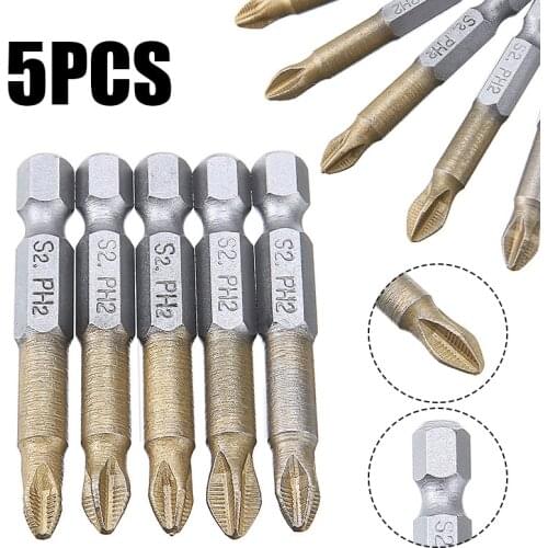 5pcs 1/4" Hex Shank Screwdriver Bits PH2 Titanium Anti-slip Head Electric Screwdriver Screw Driver with Magnetic Tip