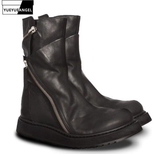 2019 Italian New Design Men Zipper Punk Genuine Leather Boots Fashion Thick Platform Military Botas Motorcycle Biker Male Shoes