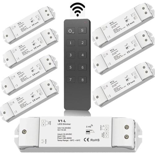 New Led Strip Dimmer 12V/24V 15A Output V1-L 8 Zone RU8 Wireless RF Touch Remote 3528 5050 Single Color String Controller