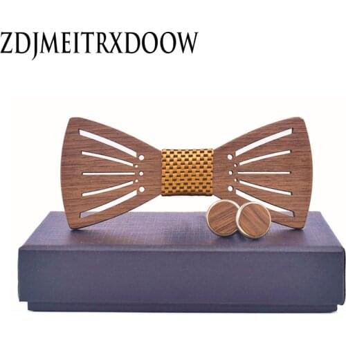 New Design Tie Set With Gift Box Jacquard Sunshine Woven gravata Wooden Bow Tie Cufflinks Sets For Wedding Party Men