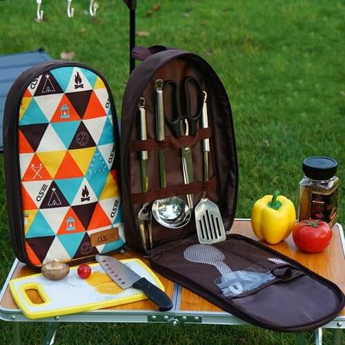 Outdoor Picnic Cookware Set 201 Stainless Steel Fork Knife Utensil Scissors Spoon Set Ourdoor Picnic Camp Kitchen Tool 8PCS