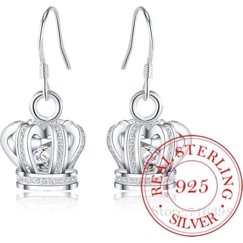 925 Sterling Silver Earring Korean Vintage Noble Crystal Crown Long Dangle Earrings For Women 2020 Engagement Wedding Jewelry