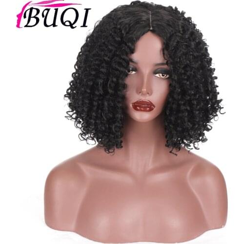 BUQI Synthetic Short Black Hair Afro Kinky Curly Wigs With Bangs For Black Women African Glueless Cosplay Wigs High Temperature