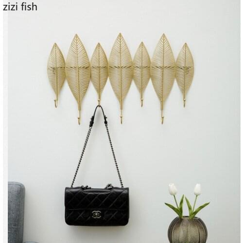 Iron Art Leaves Decorative Hook Golden Metal Wall Hanging Storage Rack Home Accessories Clothes Cap Hook Hangers Wall Decoration