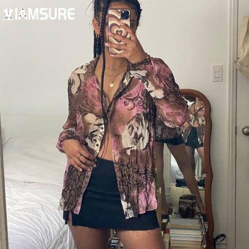 IAMSURE Grunge Aesthetic Casual Shirt Vintage Printed Turn-Down Collar Long Sleeve Blouse Women 2021 Autumn Fashion Streetwear