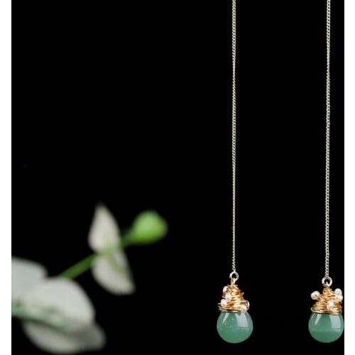 Classic Design Natural Aventurine Quartz Earrings Long Drop Female Earring with Freshwater Pearls Handmade Jewelry Size 108*11mm