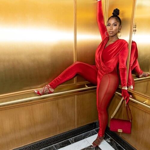 Sexy Sheer Mesh Patchwork Velvet Rompers Womens Jumpsuit Black Red Deep V Neck Long Sleeve Pants Clubwear Party Overalls Outfits