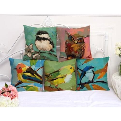 Decorative Pillow Case Oil Painting Bird Pillowcase 17.5 Inch Cotton Linen Chair Seat Throw Pillow Cover A1085