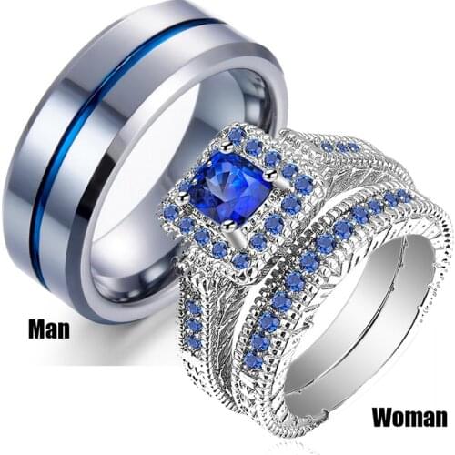 His & Hers Couples Ring Sets Womens White Gold Filled Blue Stone CZ Engagement Bridal Rings Mens Stainless Steel Wedding Band
