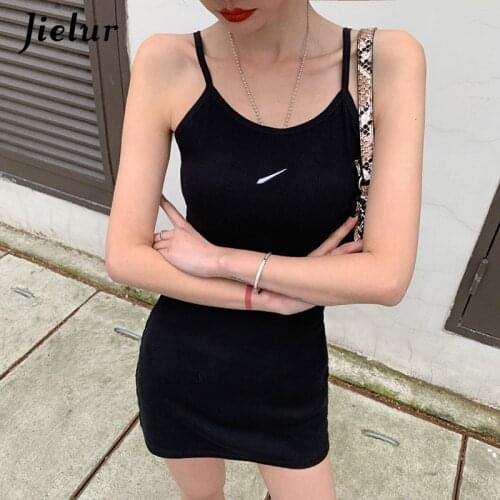 Jielur Summer Black White Elegant Dress Sleeveless Lady Casual Basic Dress Spaghetti Strap Sheath Women Sexy Mini Dress Vestido