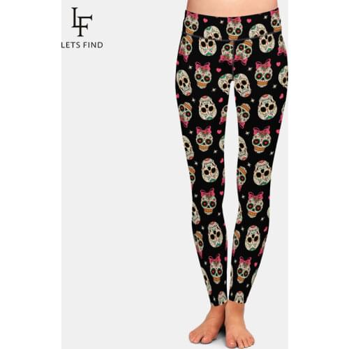 LETSFIND Super Soft Milk Silk Print 3D Mexican Skulls Pattern Leggings High Wiast Plus Size Slim Fitness Elastic Full Leggings