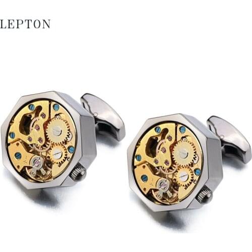 Lepton Gold Watch Movement Cufflinks for immovable Stainless Steel Steampunk Gear Watch Cuff links for Mens Relojes gemelos