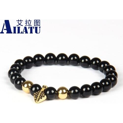 Ailatu Mens Energy Fashion Jewelry 8mm Natural Black Onyx Stone Beads with Micro Pave Shied CZ Bracelet