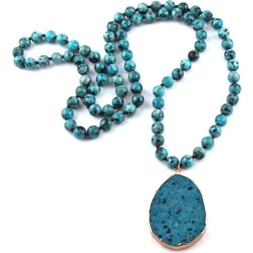 Fashion Jewelry Spots Semi Precious Stones Long Knotted Stone Drop Pendant Necklaces Women Ethnic Necklace