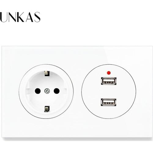 UNKAS EU Wall Socket + Female Dual USB Charging Port Output LED Indicator 146MM*86MM Glass And Black Aluminum Panel Outlet