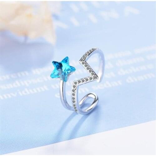 New Temperament Fashion Wild Women Blue Crystal 925 Sterling Silver Jewelry Personality Stars Opening Rings SR380
