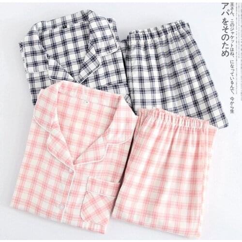Double Gauze Pajamas WomenS Long Sleeves Spring Autumn Couples Plaid Loose Cotton Homewear Casual Sleepwear 2Pcs пижама женская