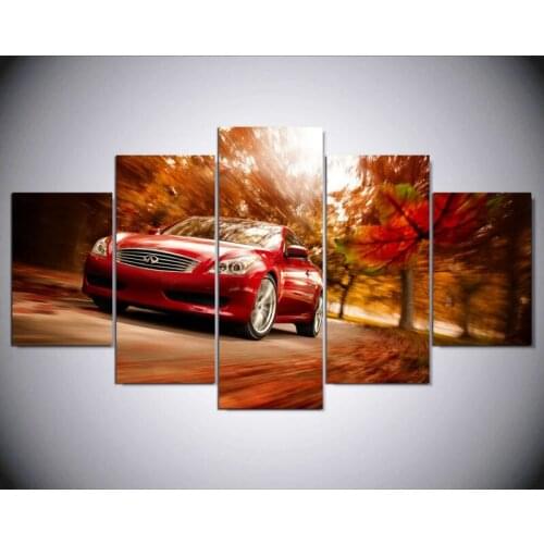 Promotion High Quality 5 Panel Unframed Wall Art Painting Autumn Red Car Canvas Modular Art Pictures Home Decor Print Paints