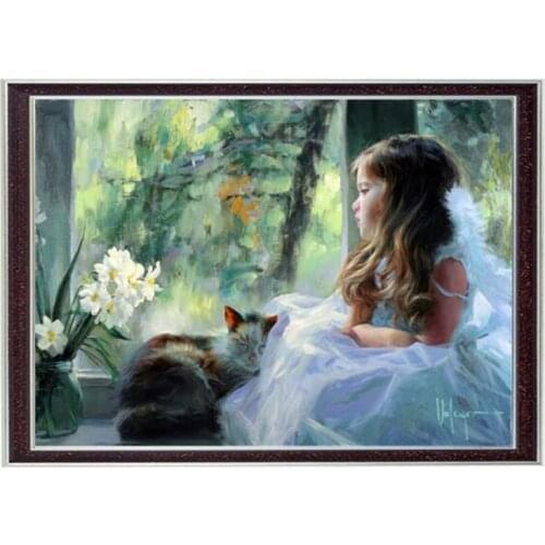 Girl and Cat Baby Needlework,Bricolage Cross stitch,Embroidery kits Decor 14CT Canvas Patterns Cross-Stitching,DIY Handmade