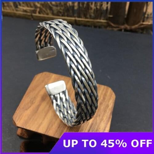 S925 Sterling Silver Chiang Mai Handmade Silver Compilation Rope Fashion Men And Women Retro Thai Silver Open Ended Bangle Gifts