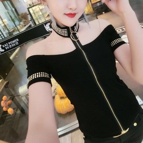 New Summer Women T-shirt Off Shoulder Rivet AB Wear Slim Tees Fashion Lady Halter Short Sleeve Casual Tops Female Tight T Shirt