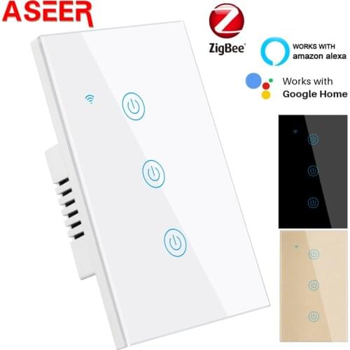 ASEER Tuya Zigbee Smart Switch 3 Gang AC 100-240V Home Wall Light Switch Remote Control by Alexa Google Home Control Voice