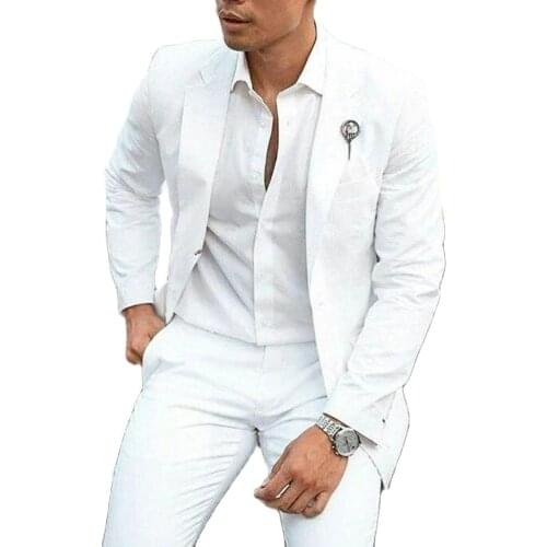 VEIAI Fashion Summer White Linen Groom Tuxedos Wedding Suits For Wedding 2Piece Men Blazers Slim Fit Costume Homme (Jacket+Pants
