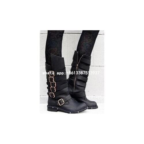 Genuine Leather Shoes Woman Boots Medium-Leg Buckle Botas Tacticas Vintage Rivets Women Motorcycle Boots New Autumn Boots Women