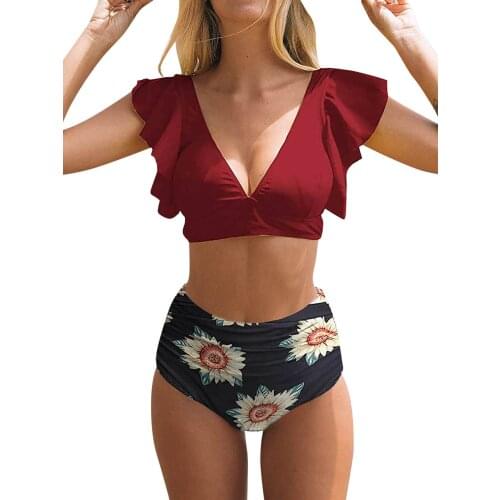 High Waist Split Swimsuit Elegant Ladies Sunflower Print Ruffled Triangle Bikini Two Piece Set Commuter Fashion Bathing Suit