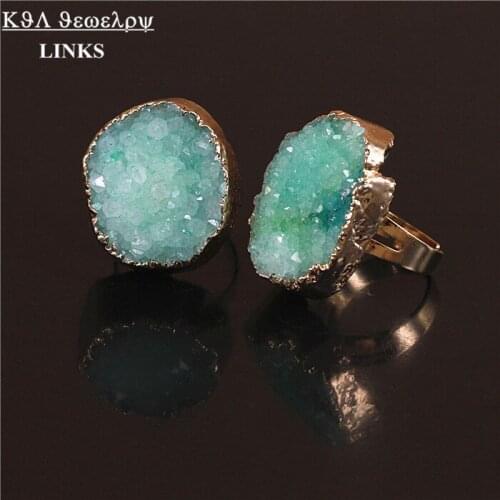 High Quality Green Crystal Druzy Stone Ring Adjustable Ring 24k Quartz Gem Stone Women Ring Charm Statement Jewelry