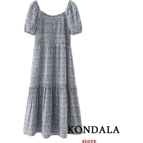 KONDALA Women Za Summer Dress 2021 New Flower Printed Elastic Bust Vintage Puff sleeve Female Long Dresses Mujer Vestidos