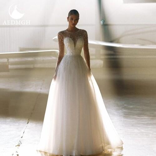 Aedmgh A-Line Beach Wedding Dresses 2021 O-Neck Long Sleeve Vestido De Novia Beaded Customized Tulle Bride Dress Robe De Mariee