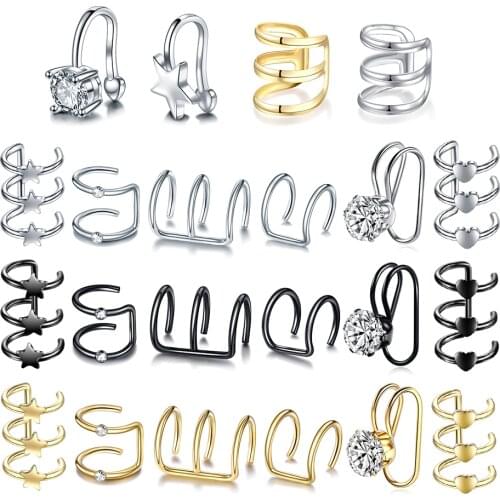1PC Gem Clip On Wrap Earring Tragus Steel 2 Rings Ear Cuff Clip Nose Ring Heart Star Fake Helix Cartilage Piercings Body Jewelry