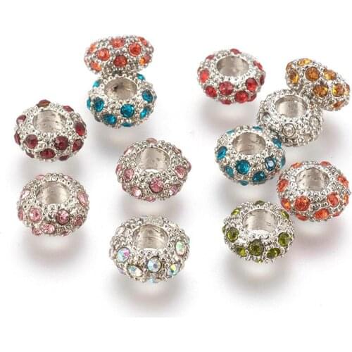 100pcs Alloy Rhinestone European Beads Large Hole Crystal Rondelle Beads Mixed Color for Bracelet Snake Chain Charms Bracelet