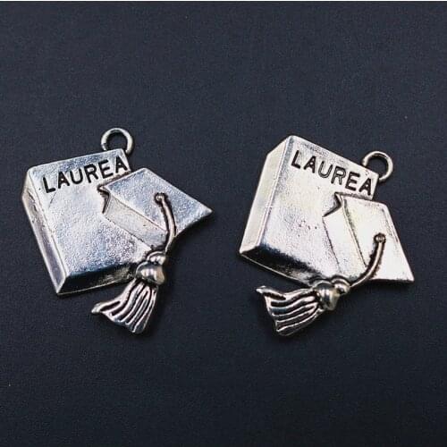 WKOUD 4pcs Silver Plated Retro Metal Laurea Charm Necklace Bracelet Alloy Pendant Handmade Graduation Metal Jewelry makings