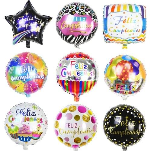 5pcs 18inch Spain Happy Birthday Foil Balloons Feliz Cumpleanos Printing Round Pentagram Inflatable Ball Birthday Globos Kid Toy