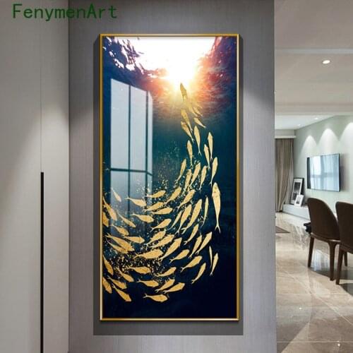 Abstract Blue Sea Golden Fish Canvas Painting Nordic Ocean Landscape Poster Print Modern Luxurious Picture Hallway Home Decor