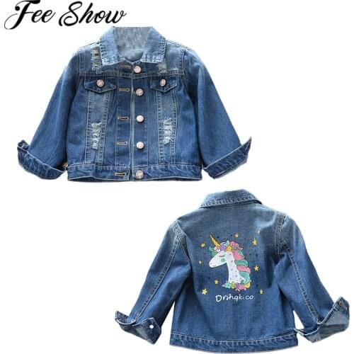 Kids Girls Denim Jacket Coat Spring Autumn Children Fashion Ripped Cartoon Horse Printed Jean Jackets For Girls Outerwear Tops