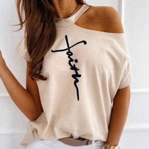 Letter Printing Oversized Tee Off Shoulder Women T Shirt Short Sleeve Loose Women Clothing Sexy Halter Neck T-Shirt Ropa Mujer
