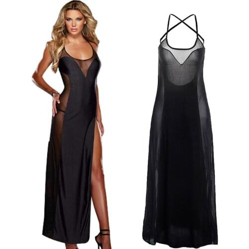 Hot Solid Black Transparent Lingerie Deep V Neck Sleeveless Women Long Dress Sexy Underwear Erotic Plus Size Lingerie Nuisette